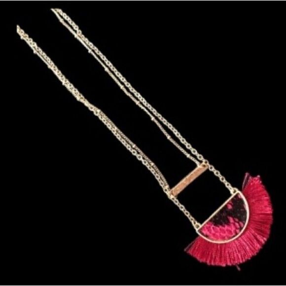 Gold Bar Layered Necklace with Snakeskin and Fringe - Picture 3 of 6